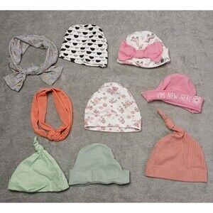 Lot 9 Baby Girl Hats Bows Beanies 0-9M Soft Aesthetic Luxe Comfort Bundle 9pc